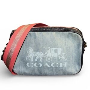 Authentic Coach Blue Denim crossbody Bag with Coral Strap